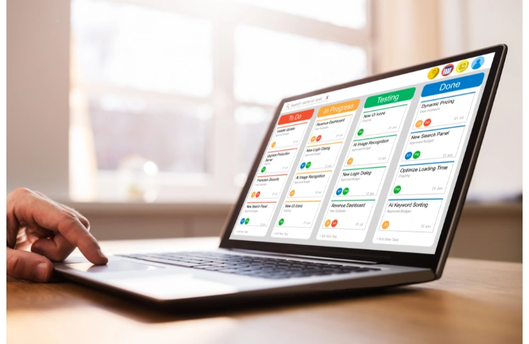 "Illustration of a modern school management ERP system interface with icons representing attendance, grades, and schedules, alongside a team of software developers collaborating on a project."